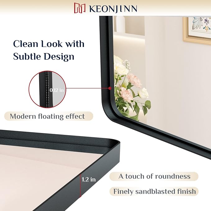 Keonjinn Black Bathroom Mirror for Over Sink, 48 x 30 Inch Rounded Rectangle - Image 3