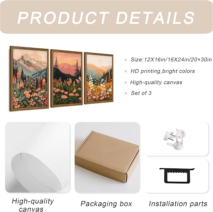 WRFON Botanical and Flower Canvas Wall Art, Framed Mountain Landscape Wall Art - Image 8