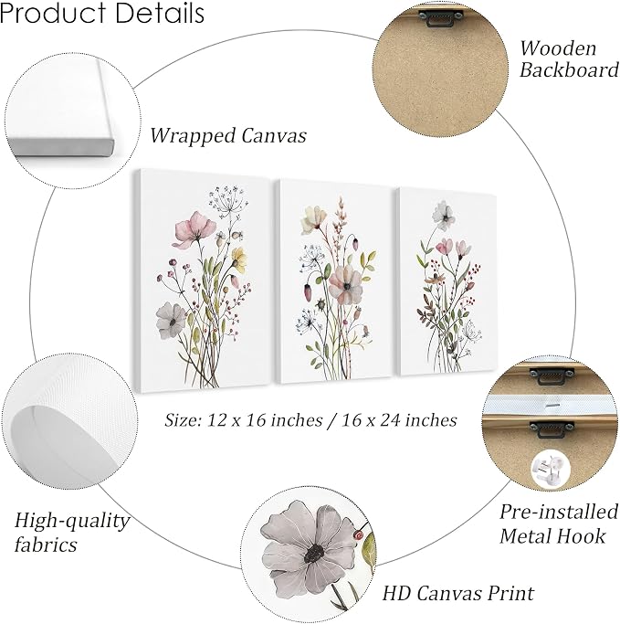 WRFON UnFramed Botanical Canvas Wall Art Set of 3, Watercolor Floral Prints - Image 7
