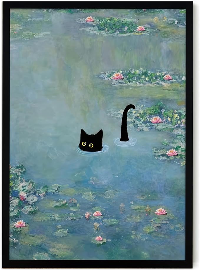 Fantasy Artists Monet Water Lilies Cat Wall Art, Framed Vintage Canvas Art Wall by Unknown