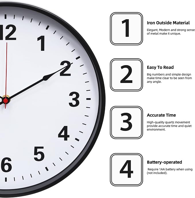 LEIKE Metal Wall Clock 12IN Black, Retro Silent Quartz Battery Operated - Image 2