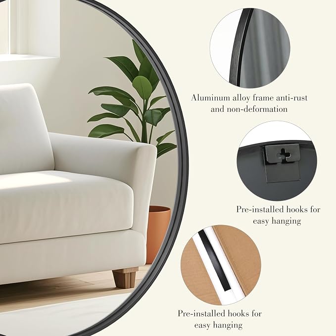 DUMOS Black Circle Mirror for Wall 20.02 inch, Bathroom Round Mirror for Over - Image 2