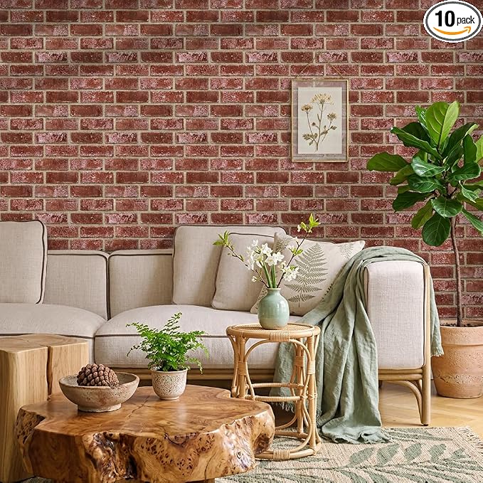 3D Peel and Stick Faux Brick Wall Panels 11.8" x 11.8" 10-Pack Red Orange by SMOOSTIKCDECOR