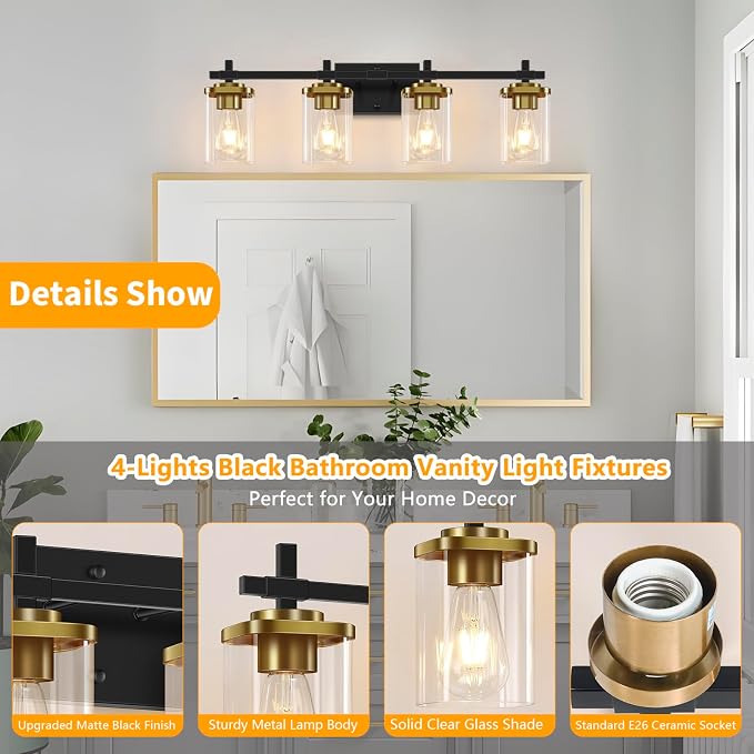4-Lights Black and Gold Bathroom Vanity Light, Modern Bathroom Wall Sconces - Image 3