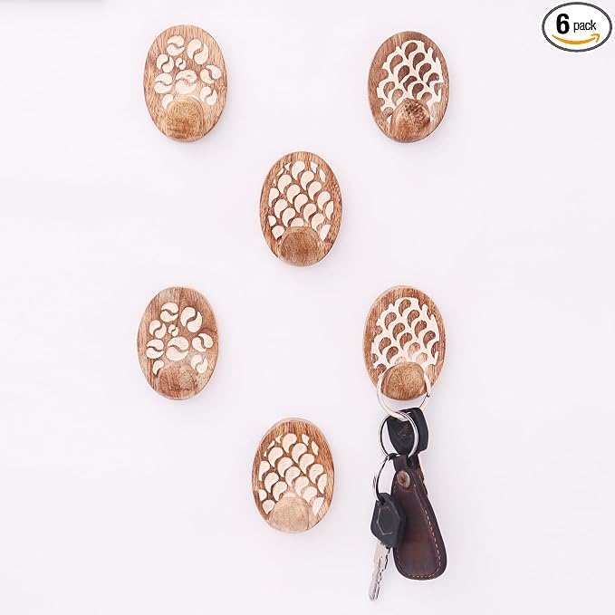 Indian Shelf 6 Lb- 6 Pieces Decorative Wood Adhesive Wall Hooks–Boho Peel and by IndianShelf