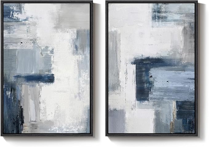 Large Framed Blue Gray Abstract Wall Art Set of 2, Modern Canvas Artwork - Image 9