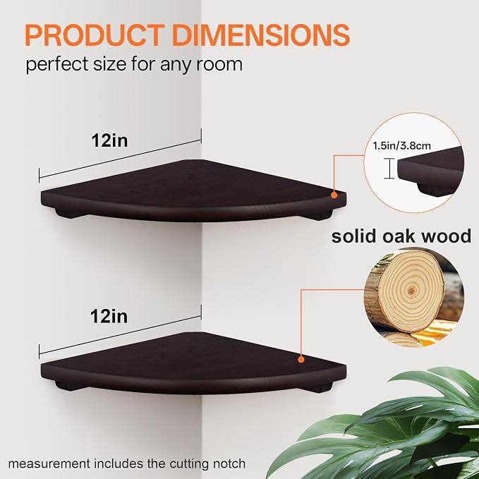 Gieanoo Floating Corner Shelves Set 2 12inch Walnut Solid Oak Rounded Corner - Image 6