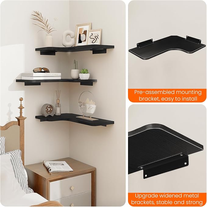 Homode Corner Shelves Wall Mounted, 3 Tier Wooden Hanging Display Shelf - Image 5
