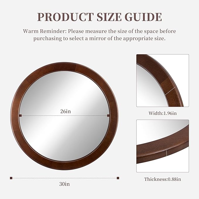 CULER Round Mirrors 30 Inch, Wood Vanity Wall Rustic Mirror - Image 6