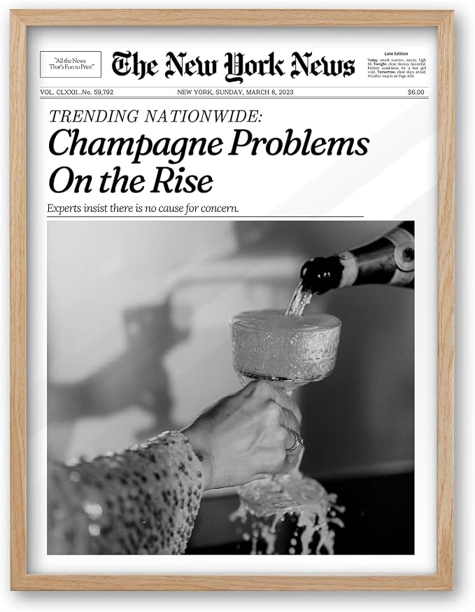 iHery Small 8X10in Champagne Problems On the Rise Newspaper Small Framed Wall by iHery
