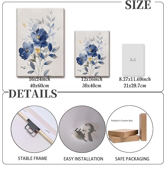 KISSFOX Framed Colorful Wildflower Blue Canvas Wall Art Set Of 3 Flowers - Image 3