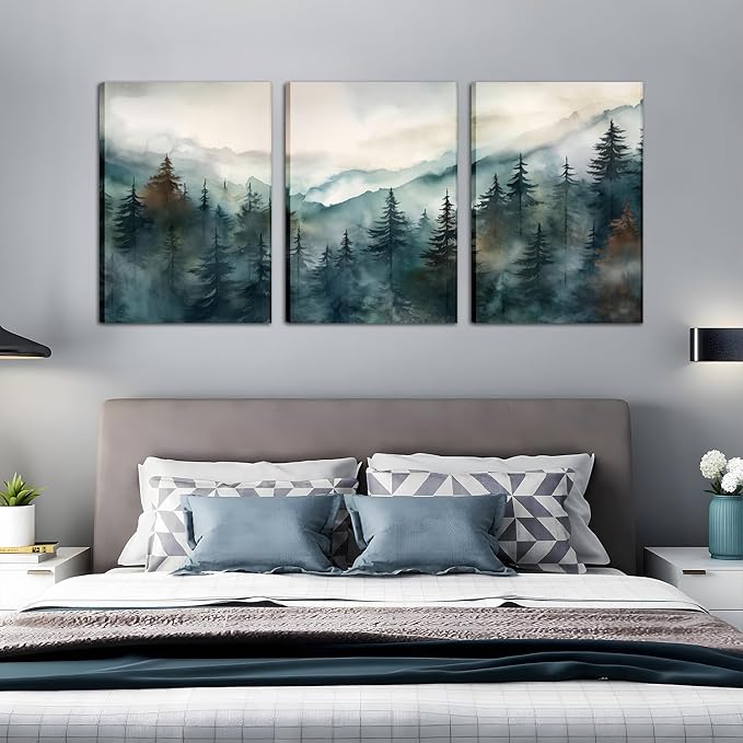 AKWISH Framed Green Forest Canvas Wall Art Set of 3, Boho Misty Watercolor Pine - Image 7