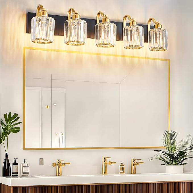 Black Gold Crystal Vanity Light Over Mirror 5 Lights Bathroom Wall Lighting - Image 6