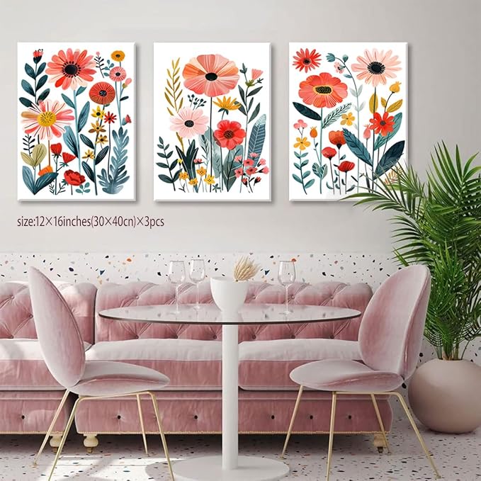 KISSFOX Framed Colorful Wildflower Canvas Wall Art Set Of 3 Flowers Pictures - Image 2