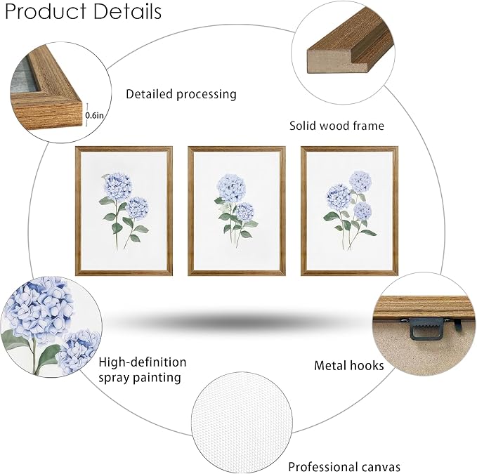 WRFON Blue Hydrangea Framed Wall Art Set of 3, Watercolor Floral Botanical - Image 6