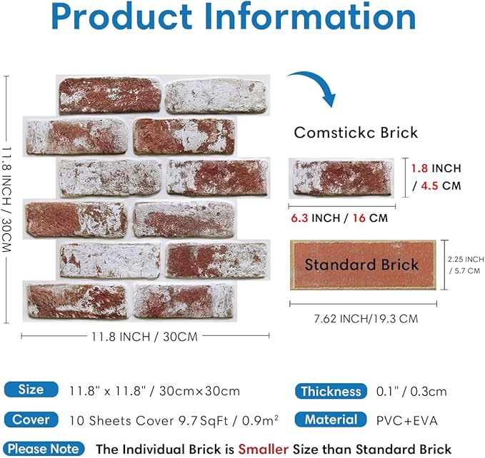 COMSTICKC 3D Faux Brick Wall Panels Peel and Stick, Small Size Self Adhesive - Image 5