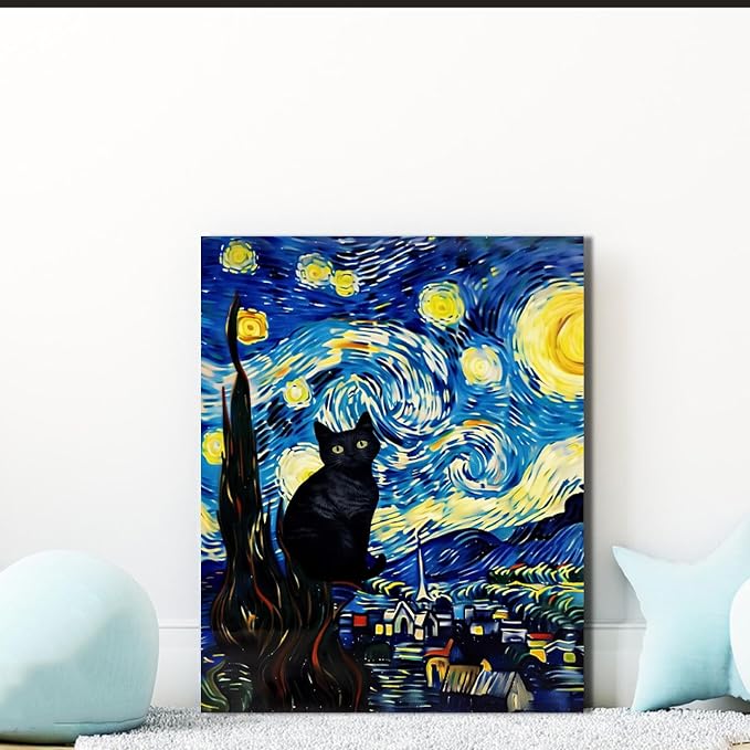 ALMLZL Framed Van Gogh The Starry Night Cat Canvas Wall Art Cute Funny Black - Image 2