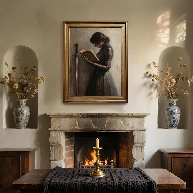 Retro Gold Framed Victorian Woman Knight Reading Book Wall Art Medieval Warrior - Image 7