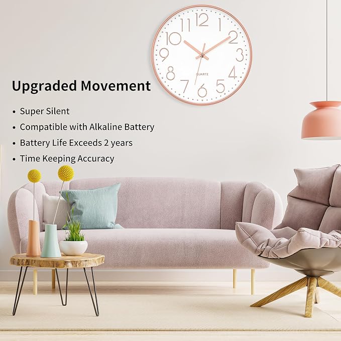 Foxtop Modern Wall Clock 12 Inch Non-Ticking Silent Battery Operated Round - Image 4