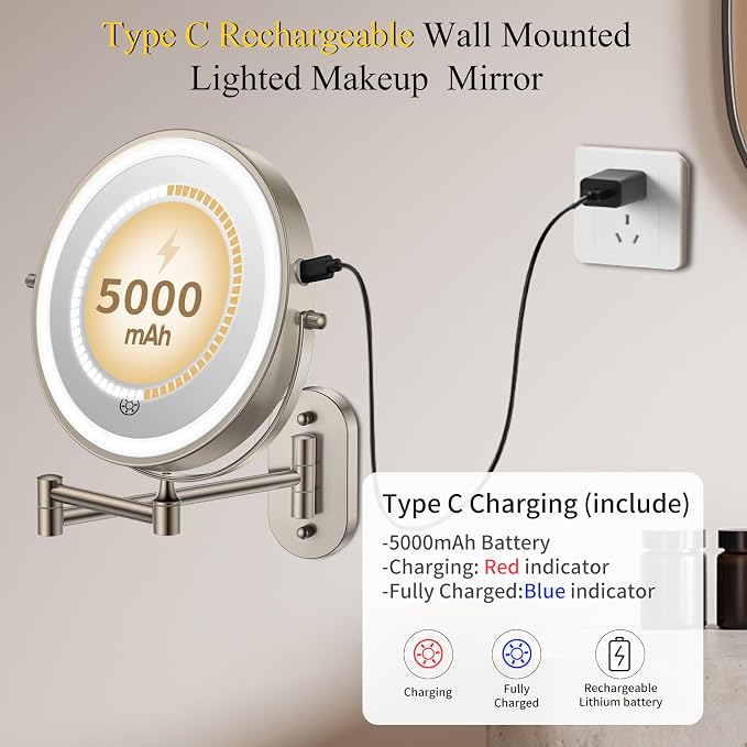 FUNTOUCH 3X/20X Wall Mounted Lighted Makeup Mirror, 5000mAh Rechargeable Double - Image 3