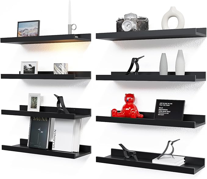 RICHER HOUSE 8 Set Black Floating Wall Mounted Shelves, Nursery Hanging Book by RicherHouse