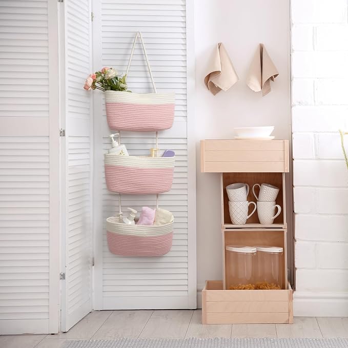TeoKJ Over the Door Hanging Basket, 3-Tier Woven Cotton Wall-Mounted Storage - Image 4