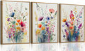 KISSFOX 3 Piece Colorful Wildflower Botanical Framed Wall Art Watercolor Floral by KISSFOX