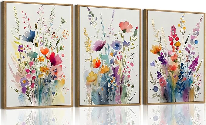 KISSFOX Framed Colorful Wildflower Canvas Wall Art Set Of 3 Flowers Pictures by KISSFOX