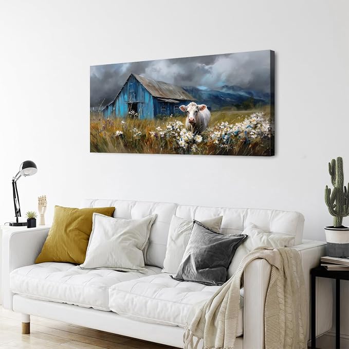 AIYISU Farmhouse Cow Wall Art Rustic Barn Landscape Pictures Wall Decor Blue - Image 6