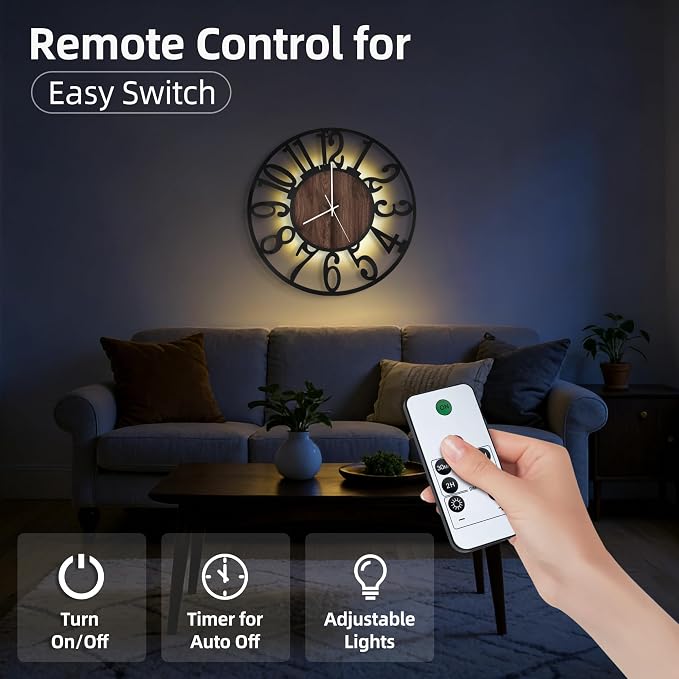 20'' Silent Wall Clock with Adjustable Night Light, Glow in The Dark Decorative - Image 2