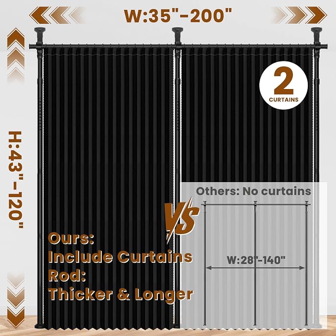 100% Blackout Room Divider Curtains Sets Black 2 Panels W100 x L96in No Drill - Image 2