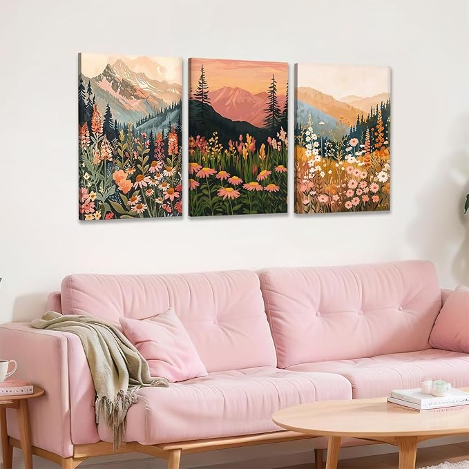 KBKBART Boho Colorful Landscape wall art Set of 3, Wildflower Mountain Wall - Image 7