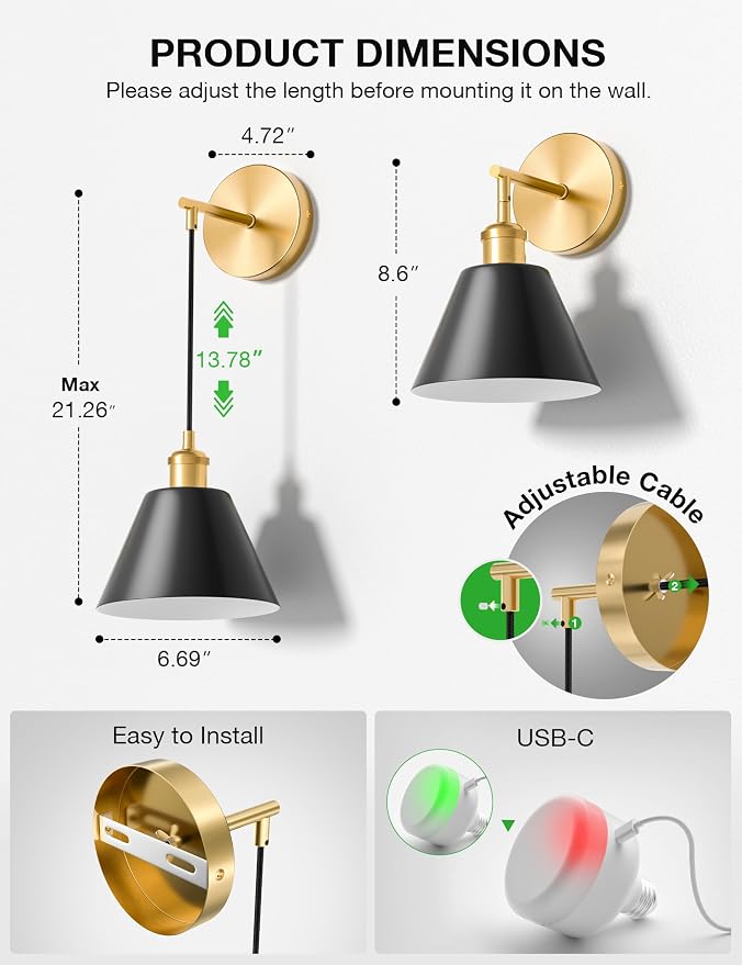 NIORSUN Gold & Black Battery Operated Wall Sconce Set of 2, 5200mAh Dimmable - Image 8