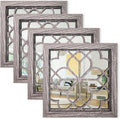 Set of 4 14 Inch Square Brown Window Pane Wall Mirrors, Shatterproof Rustic by HMANGE