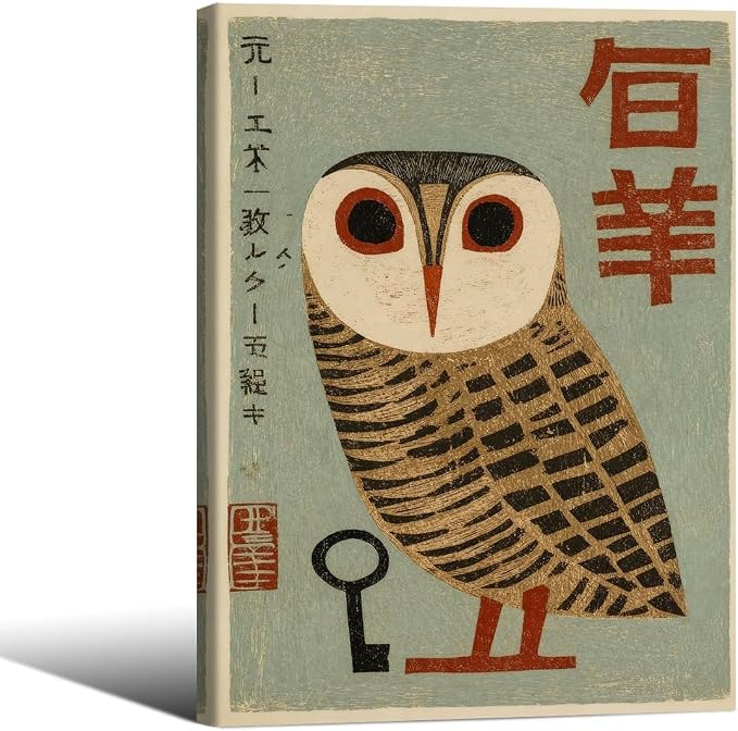 Vintage Japanese Framed Wall Art Owl Poster Mid Century Animal Print 8x10in by Heltrappe