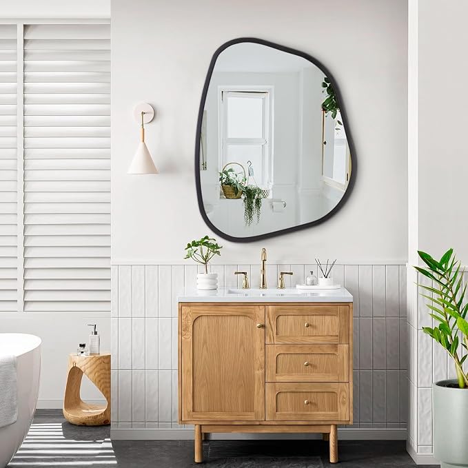 Black Asymmetrical Mirror Large 26"x18" Irregular Oval Wall Mirror Modern Wood - Image 6