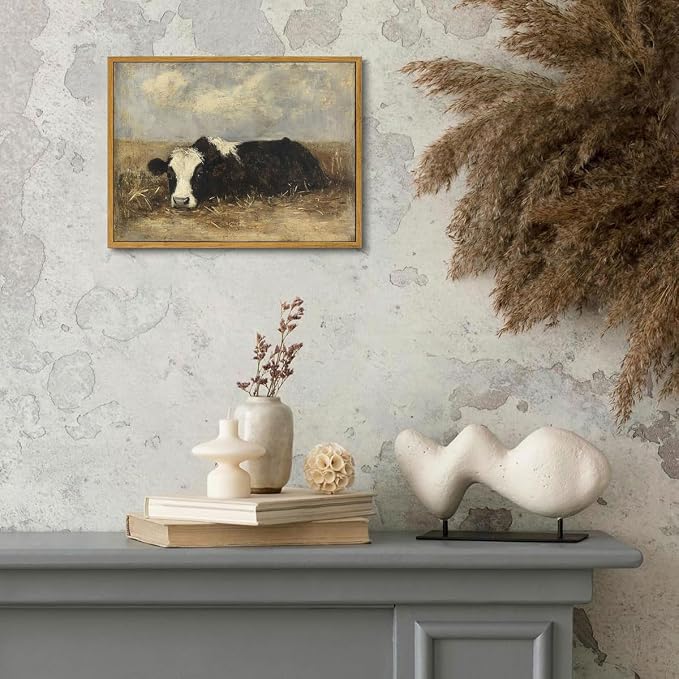 AtterrirArt Vintage Framed Wall Art, Rustic Cow Picture Painting Print - Image 4