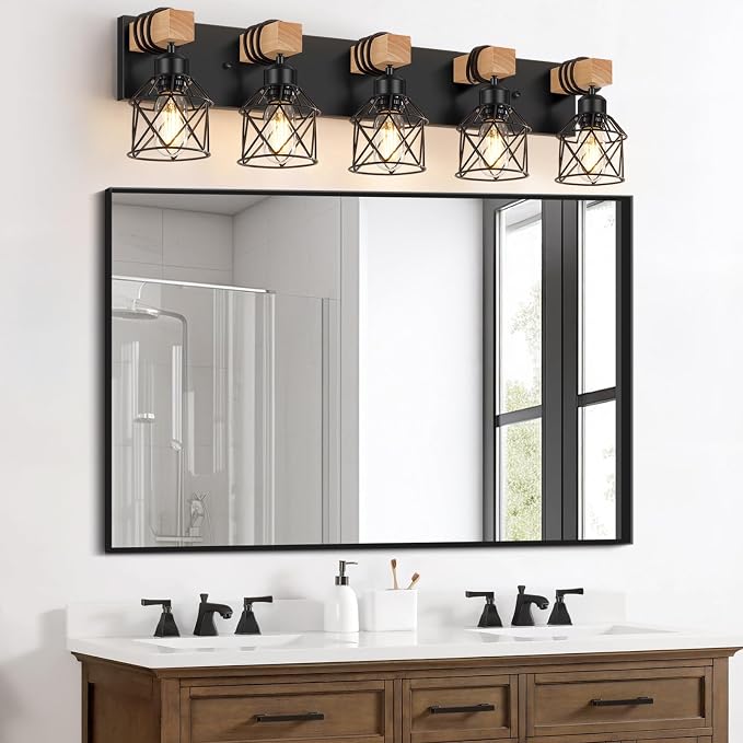 FadimiKoo 5-Light Wooden Black Bathroom Light Fixtures, Rustic Style Vanity - Image 6