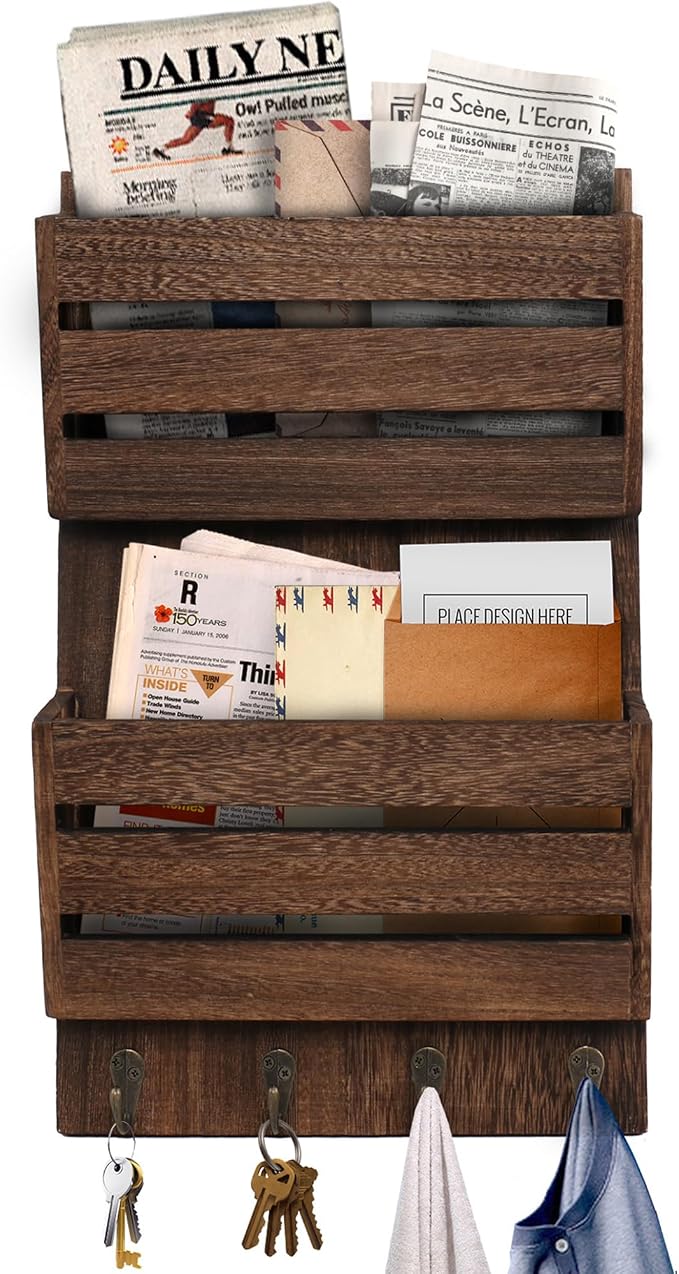 Mail Organizer Wall Mount with 4 Key Hooks, Rustic Wooden Hanging Mail Sorter by SWALLOW+BRAND