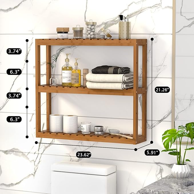 Domax Bamboo Bathroom Shelf 3-Tier Wall Mount Storage Rack Multifunctional - Image 3