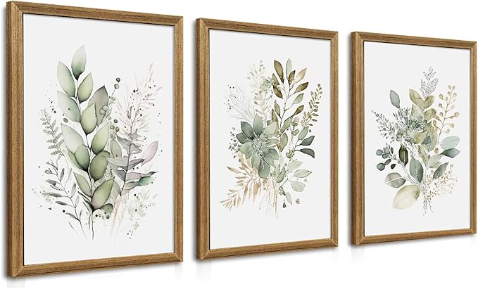 WRFON Framed Sage Green Botanical Wall Art Set of 3, Watercolor Eucalyptus & by Unknown