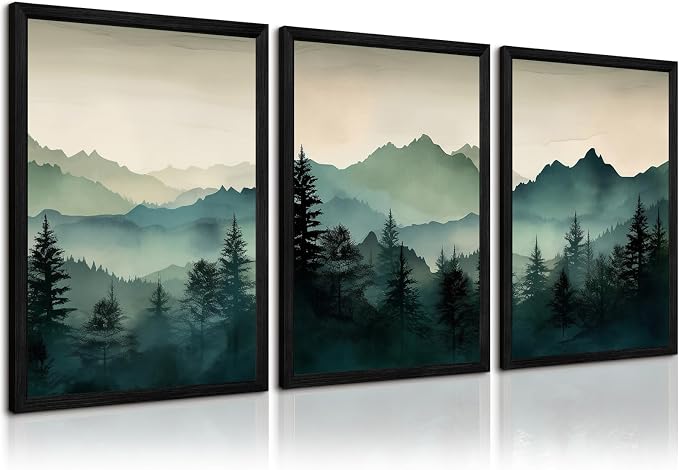Mountain Wall Art Decor Set of 3 Sage Green Forest Canvas Wall Art Prints by Unknown