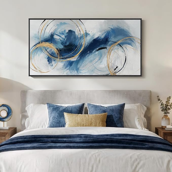 Extra Large Framed Navy Blue Abstract Canvas Wall Art - Image 3