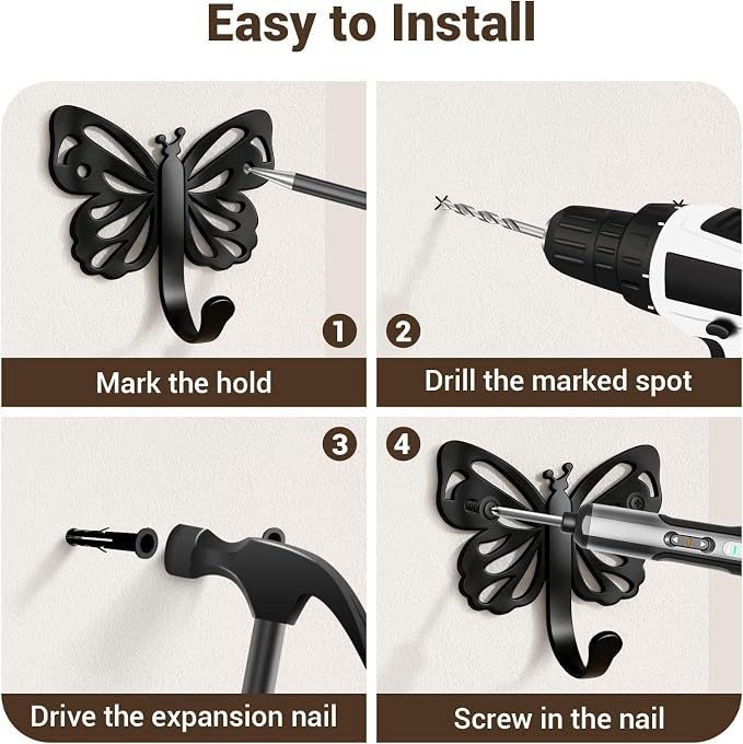 Butterfly Coat Hooks For Wall, Heavy Duty 20LB Black Coat Hooks & Towel Hooks - Image 5