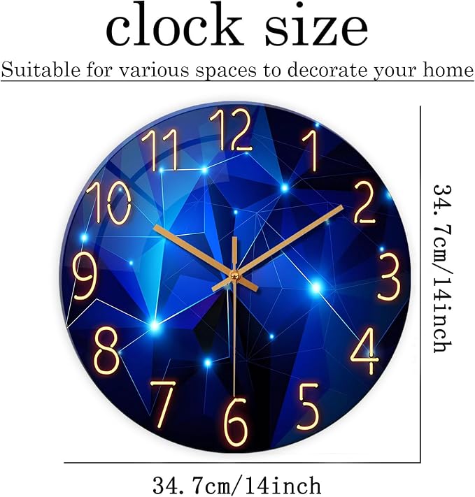 Blue Wall Clock Battery Operated 14 Inch Modern Wall Clock Non Ticking Glass - Image 5