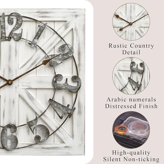 EMAX HOME Large Farmhouse Wall Clock – 24 Inch White Square Rustic Wooden Clock - Image 4