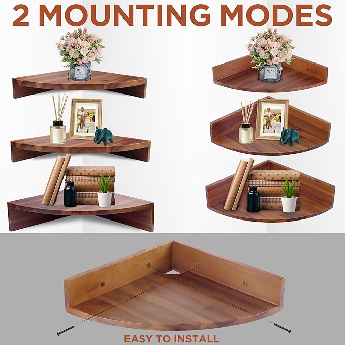 Demigo Corner Shelf Wall Mount Set of 3, Solid Acacia Wood Round Floating - Image 5