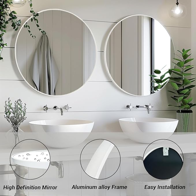 Sunniry White Round Mirror 30 inch, Large Round Mirror, Bathroom Mirror Matte - Image 2
