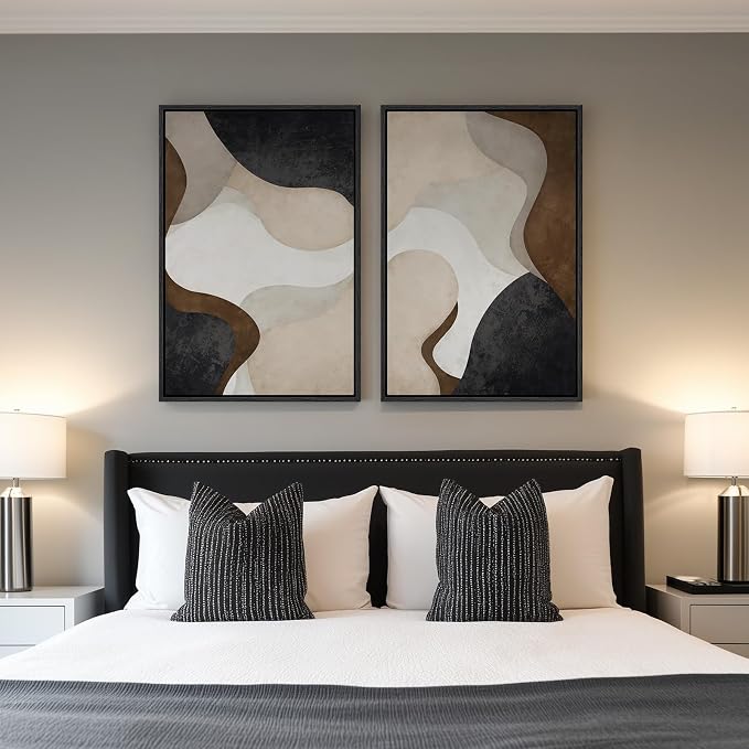 Large Framed Neutral Abstract Minimalist Wall Art Set of 2, Modern Canvas - Image 2