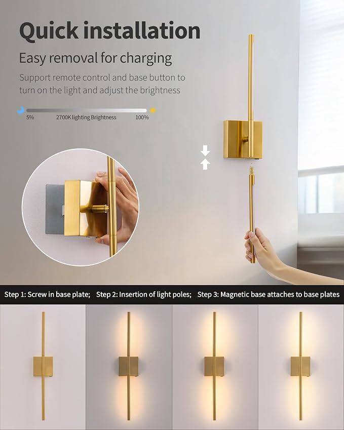 KDG Cordless Wall Sconces Set of 2, Wireless 5200mAh Rechargeable Battery - Image 4